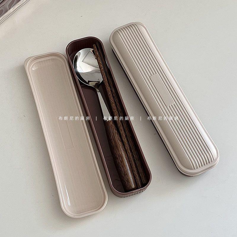 ins韩国实木质筷子勺子套装可携式收纳盒覆古高级感一人学生上班 - 图0