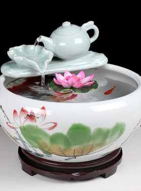 圆形小金鱼缸陶瓷流水过增氧水景家里装饰招财创意喷泉循环