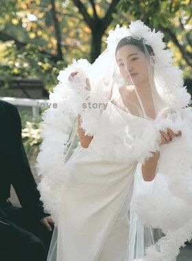 头纱新娘主婚纱长款拖地花u朵头纱影楼化妆造型拍照道具头饰白色