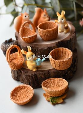 微景观创意仿真藤竹编篮子竹筐造景diy装饰品配件迷你微缩小摆件