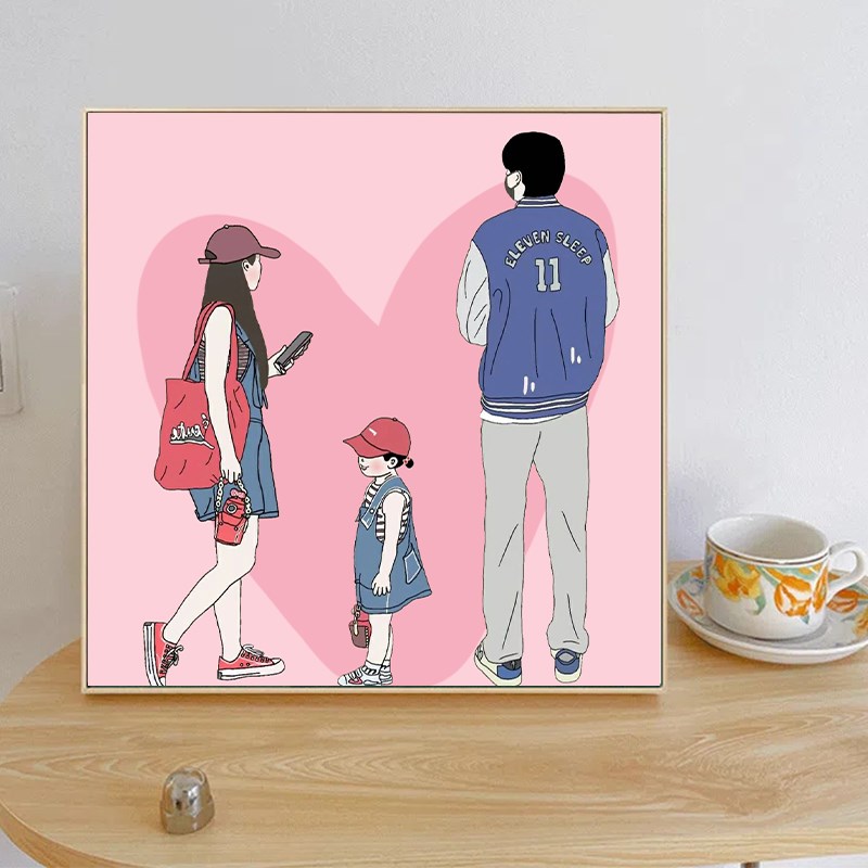 一家三口全家福幸福一家人亲子照数字油画 diy手工手绘丙烯油彩画 - 图1