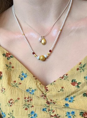 新中式复古珍珠串珠项链女小众设计高级感气质配饰毛衣链锁骨链