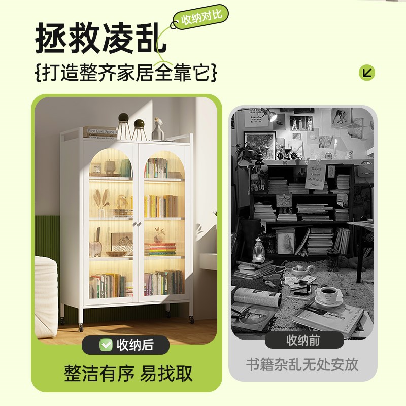 钢制书柜家用对开门防尘书架带轮移动储物柜展示柜铁艺置物收纳柜 - 图0