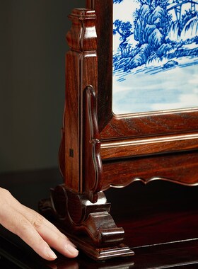 老挝大红酸枝木插屏式座屏风嵌云石摆件实木中式复古桌面隔断屏风