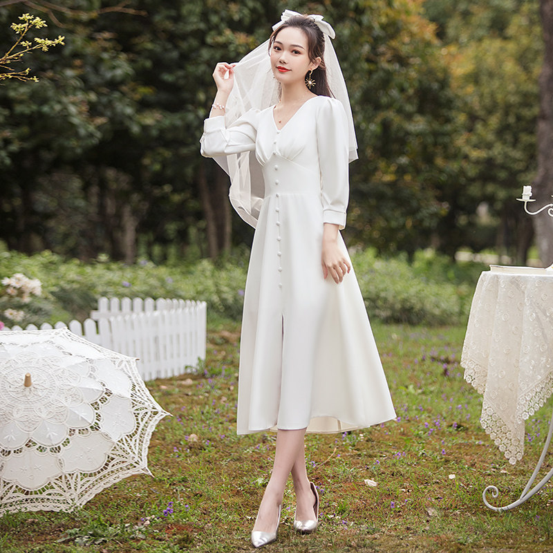 领证登记平时可穿法式秋冬长袖小白裙伴娘服轻婚纱礼服订婚连衣裙,淘宝优惠券,粉丝福利购,淘宝优惠卷