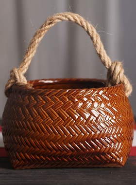 陶瓷仿竹炭钵手提炭篮子核桃炭篮提梁功夫橄榄碳乌榄碳炉木炭碳盆