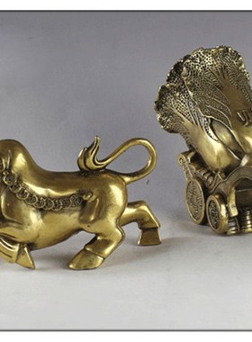 纯铜牛拉白菜百财摆件黄铜牛拉财车牛店铺开业客厅工艺品摆件家居