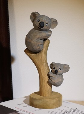 考拉母子爬上树手工木雕小摆件创意可爱桌面装饰品磁吸可拆卸