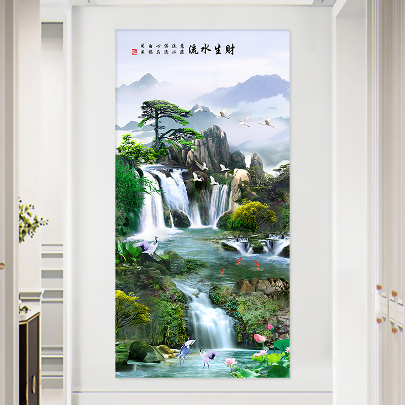 流水生财山水风景画玄关画自粘走廊过道壁画贴纸竖版装饰贴画墙贴,淘宝优惠券,粉丝福利购,淘宝优惠卷