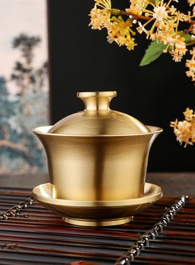 厂家黄铜创意茶具龙凤呈祥茶碗三件套中式茶杯供水碗铜工艺品