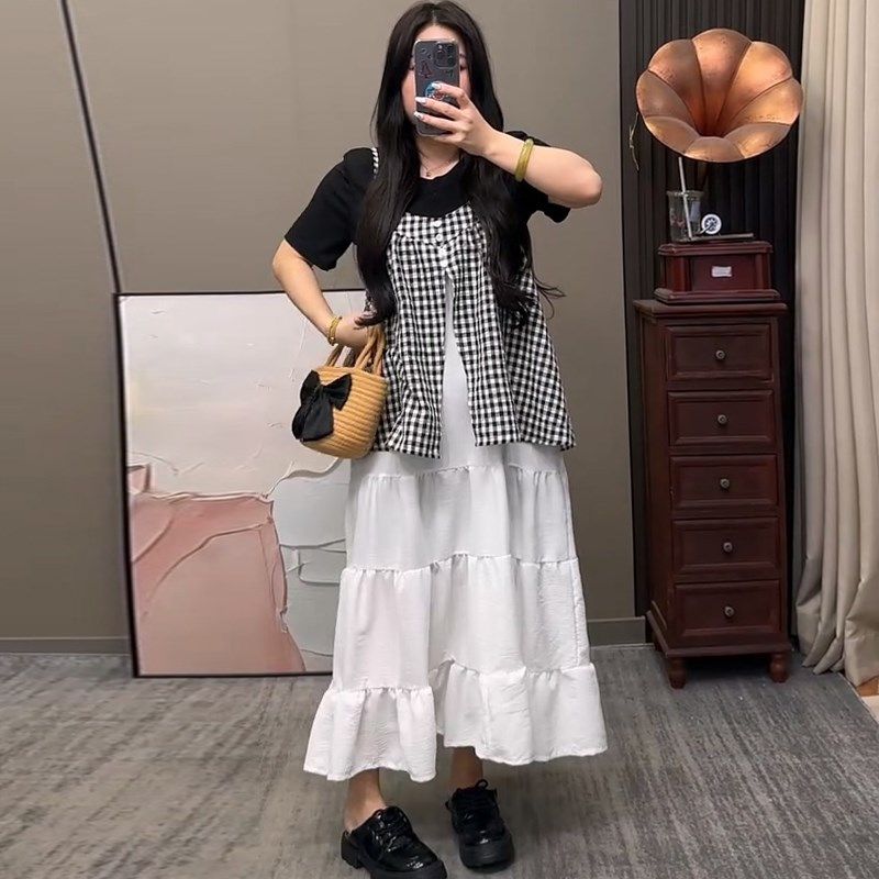 格子拼接假两件吊带连衣裙T恤胖mm2025夏季新款显瘦宽松大码女装,淘宝优惠券,粉丝福利购,淘宝优惠卷