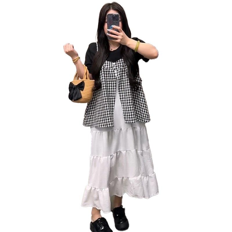 格子拼接假两件吊带连衣裙T恤胖mm2025夏季新款显瘦宽松大码女装,淘宝优惠券,粉丝福利购,淘宝优惠卷