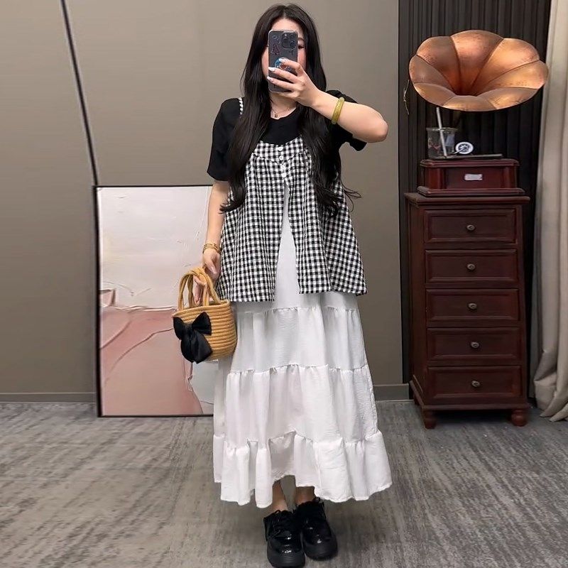 格子拼接假两件吊带连衣裙T恤胖mm2025夏季新款显瘦宽松大码女装,淘宝优惠券,粉丝福利购,淘宝优惠卷