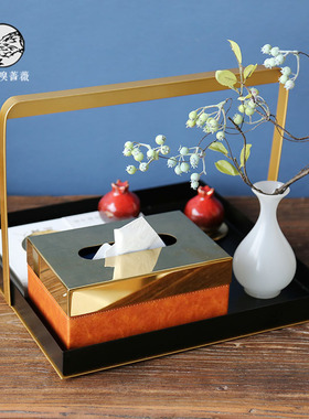 新中式提篮金属托盘花艺红石榴组合摆件禅意样板房客厅餐桌装饰品