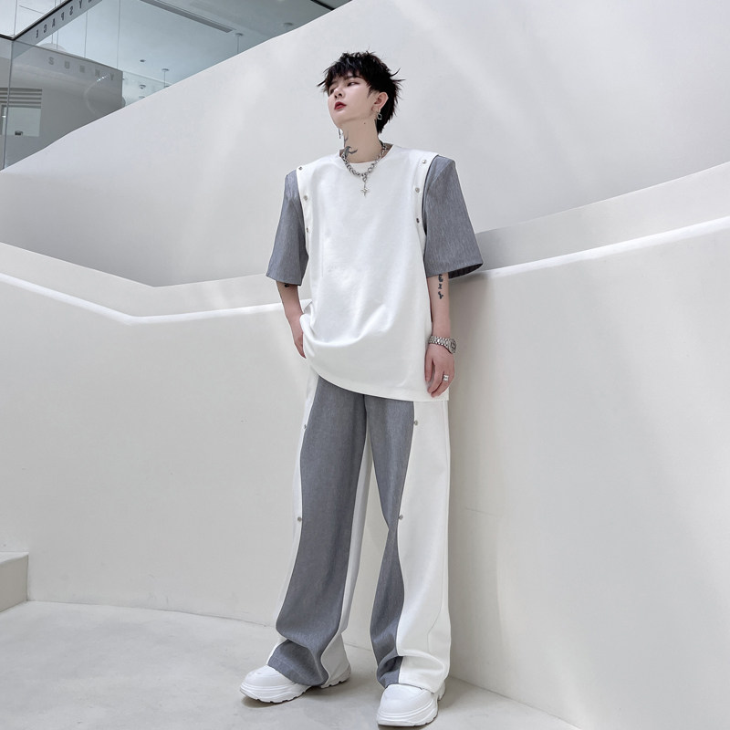 夏季小众拼色铆钉装饰垫肩短袖T恤男套装设计感阔腿长裤两件套潮,淘宝优惠券,粉丝福利购,淘宝优惠卷