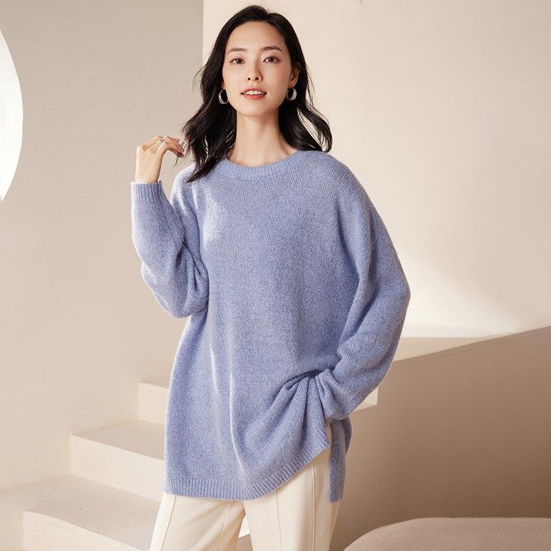 高端中长款圆领宽松臻绒100纯山羊绒女落肩袖毛衣秋冬打底针织衫,淘宝优惠券,粉丝福利购,淘宝优惠卷