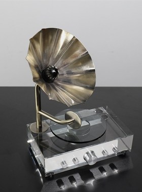 简约现代水e晶复古留声机样板房售楼处软装饰品客厅桌面金属摆件