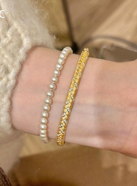 中古金色麦穗手镯秋冬女新款复古重工手饰新中式细闪编织麻花镯子