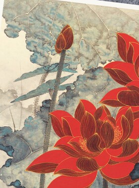 金线荷张大千水泼墨莲荷画竖幅挂画玄关装裱水墨复制定制