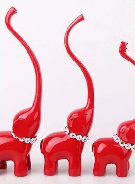 三连红色长鼻子小象酒柜工艺品吉祥三宝大象小鹿结婚礼品