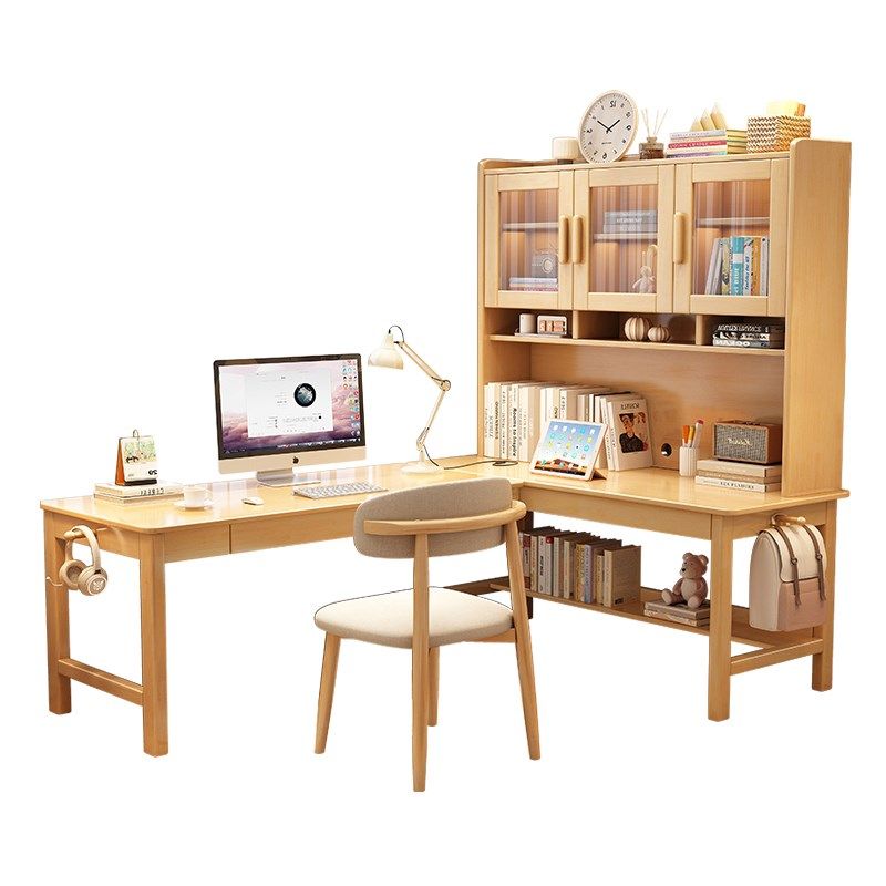 实木转角书桌书架书柜一体组合7字型学生学习桌家用卧室L型电脑桌,淘宝优惠券,粉丝福利购,淘宝优惠卷