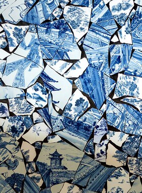 新中式圆形装饰画茶室挂画禅意艺术画立体实物画名宿壁画瓷片蓝色