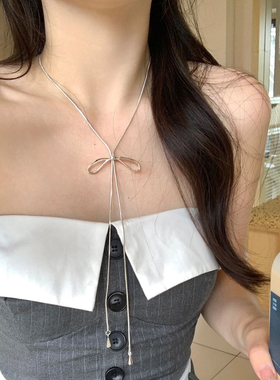 蝴蝶结吊坠抽拉项链女款韩系长款装饰毛衣链银色百搭t恤配饰穿搭
