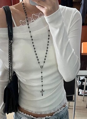 暗黑哥特风y2k黑色串珠十字架长款项链女小众辣妹设计感锁骨链