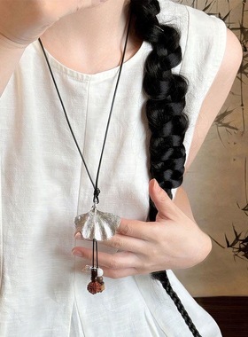 新中式复古羽毛银杏叶项链女款波西米亚民族风长款毛衣链吊坠配饰