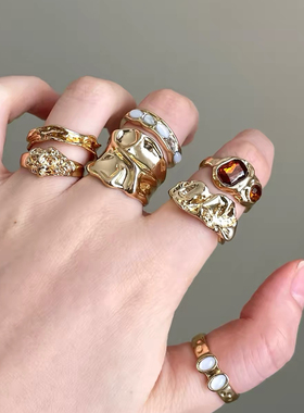 Vintage古着金色开口戒指女款轻奢高级感精致食指戒复古叠戴指环
