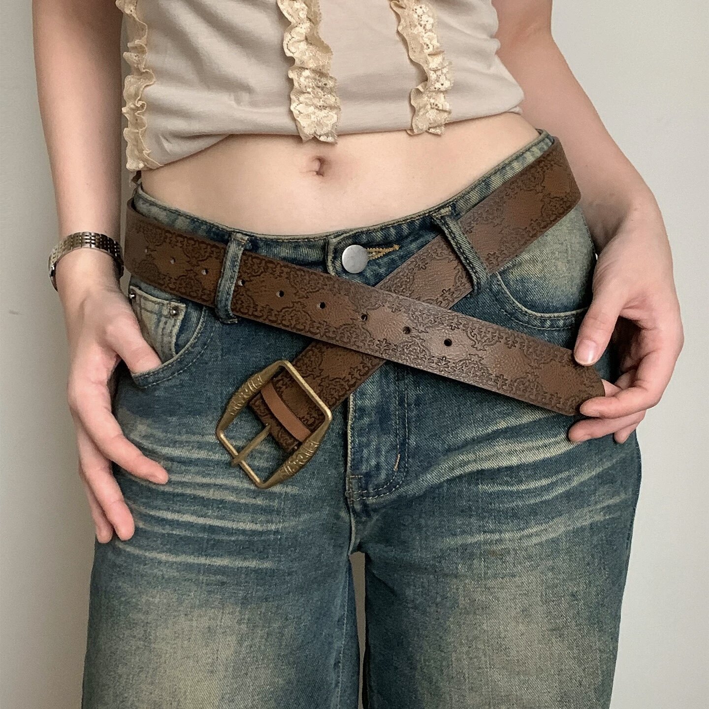 美式皮带男士腰带y2k女2025新款年轻人辣妹配裙子高档潮复古棕色