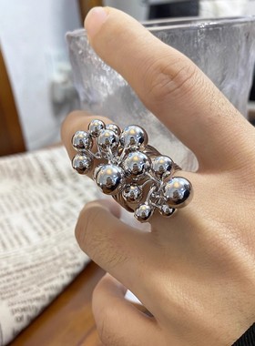 精致时髦金属银色多层串珠戒指女