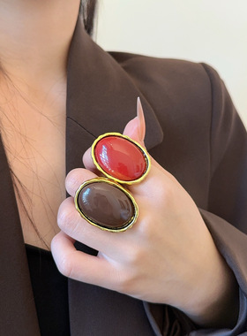 几何椭圆棕红宝石树脂开口戒指女