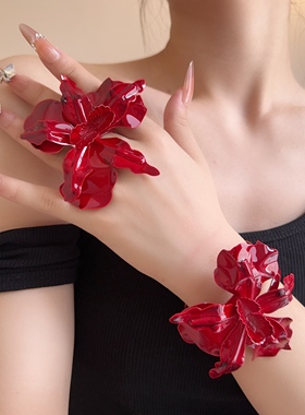 血红色兰花戒指女手镯手环食指戒