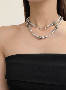 黑灰珍珠拼接女长款多戴法毛衣链