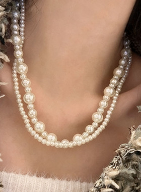 复古港风双层珍珠串珠锁骨项链女