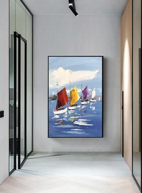 玄关客厅纯手绘i油画抽象帆船蓝色风景电表箱装饰画儿童房挂画竖