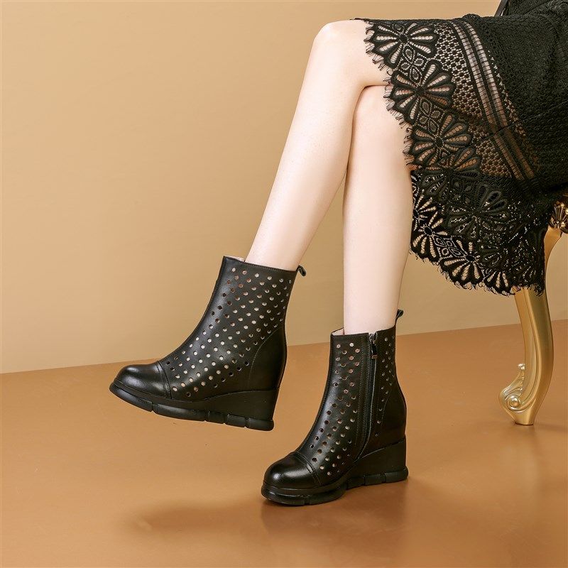 8.5cm内增高真皮女短靴圆头夏季洞洞凉靴高跟坡跟厚底春秋马丁靴,淘宝优惠券,粉丝福利购,淘宝优惠卷