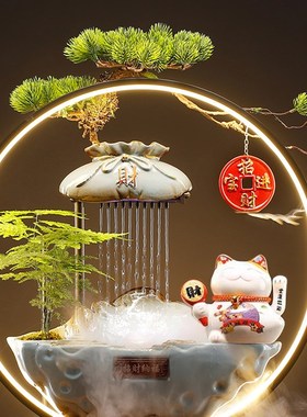 流水摆件循环水假山喷泉生财w招财猫办公室桌面装饰品乔迁开业礼