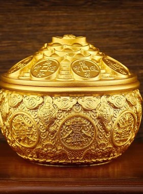 纯铜聚宝盆摆件带盖子客s厅新店铺装饰品招财乔迁开业送礼黄铜米