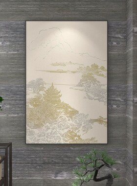 网红新中式客厅沙发背景墙装饰画竖版古风建筑山水画轻奢大幅玄关