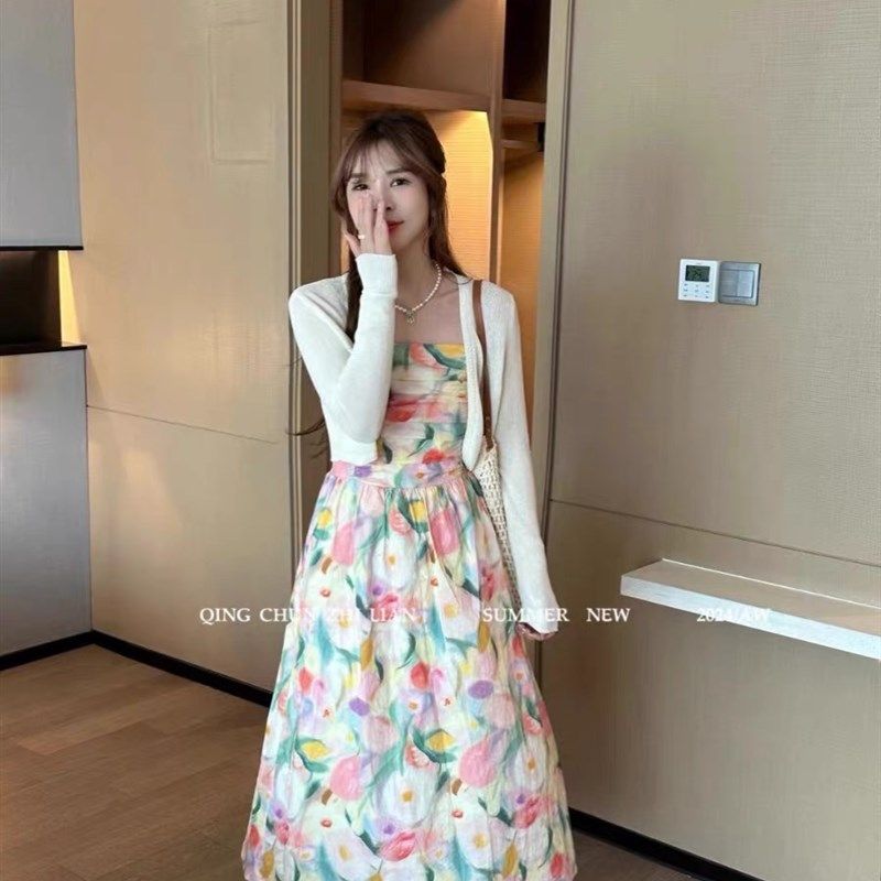 茶歇法式油画吊带连衣裙开衫两件套夏季新款碎花显瘦长裙女,淘宝优惠券,粉丝福利购,淘宝优惠卷