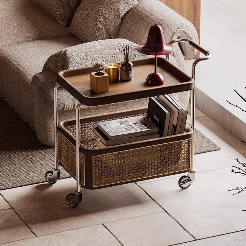 实木边几中古小推车可移动茶几客厅沙发边柜零食置物架藤编收纳架,淘宝优惠券,粉丝福利购,淘宝优惠卷
