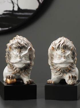 中国风陶瓷舞狮子摆件一对客厅家居装饰酒柜软装饰品书房书靠摆设