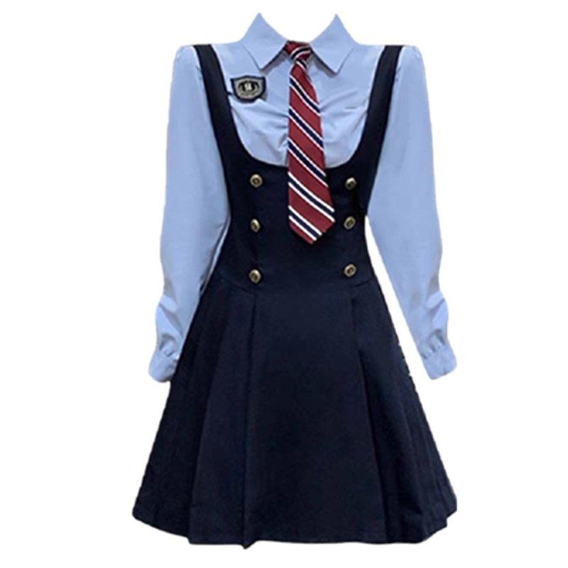 大码胖mm美式学院风蓝色衬衫收腰背带连衣裙女春夏显瘦jk制服套装,淘宝优惠券,粉丝福利购,淘宝优惠卷