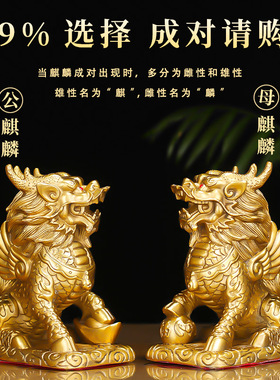 铜麒麟摆件一对纯铜公母踩八卦招财麒麟家居黄铜工艺品装饰摆设