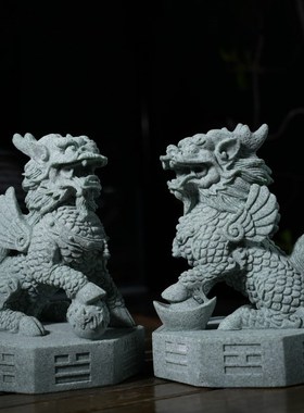 中式招财瑞兽飞天麒麟茶宠摆件穿衣青砂石麒麟一对家居桌面工艺品