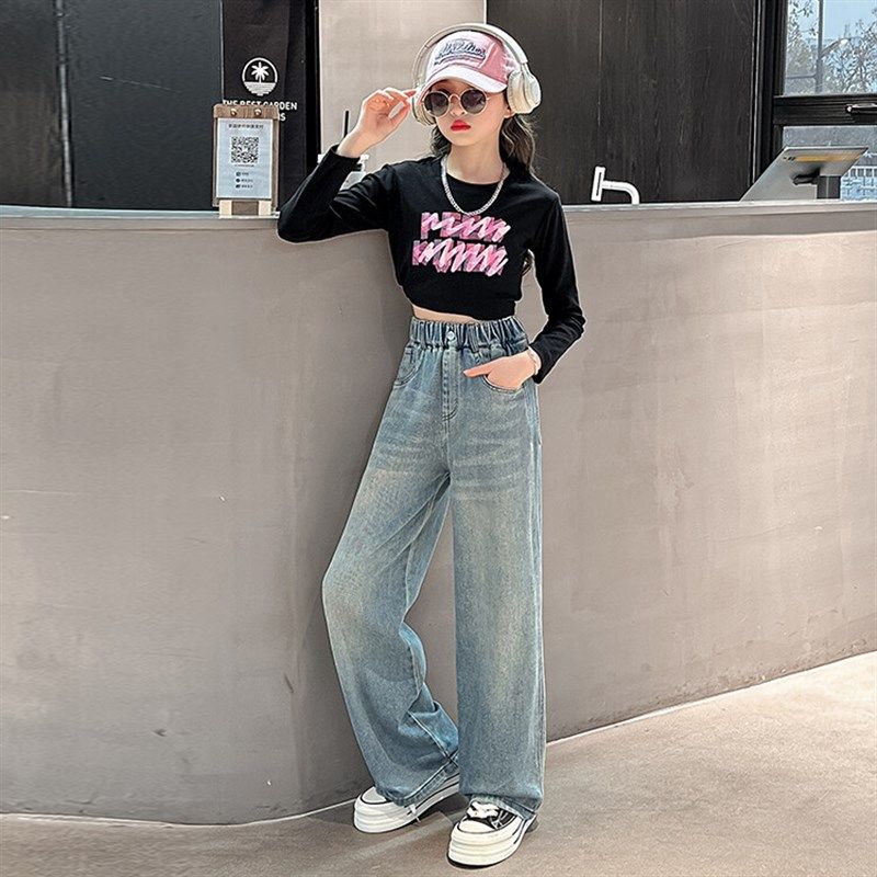 春秋款女童牛仔阔腿裤2024新款儿童秋季休闲裤子女孩时髦直筒阔腿,淘宝优惠券,粉丝福利购,淘宝优惠卷