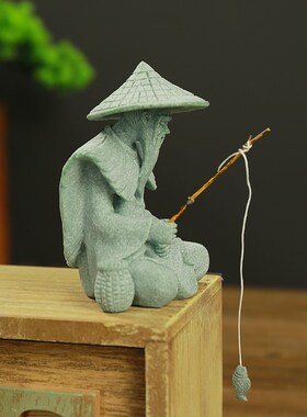 姜太公钓鱼青砂石茶宠鱼缸造景桌面摆件办公室茶桌禅意茶具装饰品