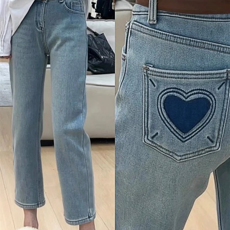 秋季新款大码弹力牛仔裤女高腰显瘦洋气胖妹妹mm烟管九分直筒裤子 - 图0